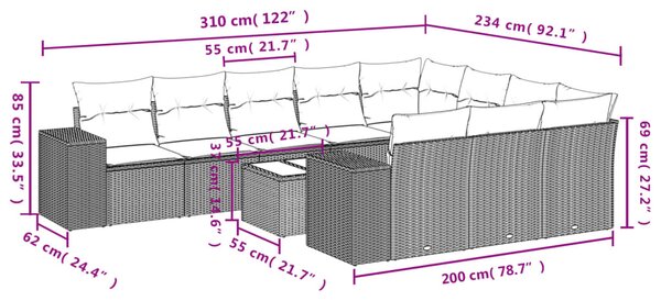11 részes fekete polyrattan kerti ülőgarnitúra párnákkal