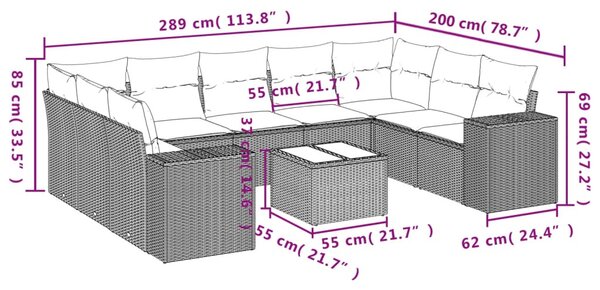 10 részes fekete polyrattan kerti ülőgarnitúra párnákkal