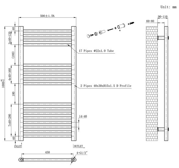 Egyenes törölközőszárító radiátor 1000x500 mm fekete
