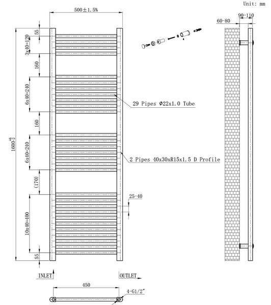 Egyenes törölközőszárító radiátor 1600x500 mm fehér