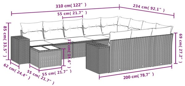 11 részes szürke polyrattan kerti ülőgarnitúra párnákkal