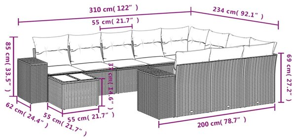 11 részes bézs polyrattan kerti ülőgarnitúra párnákkal