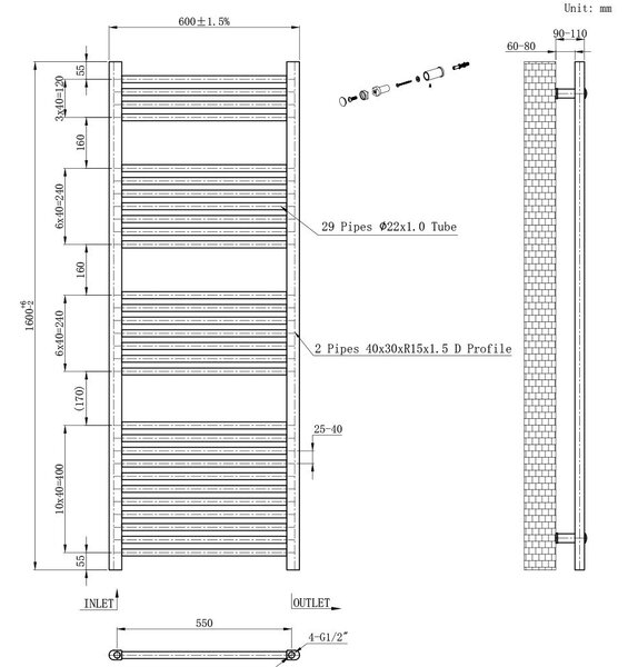 Egyenes törölközőszárító radiátor 1600x600 mm fekete
