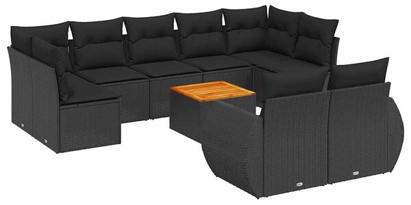 10 részes fekete polyrattan kerti ülőgarnitúra párnákkal