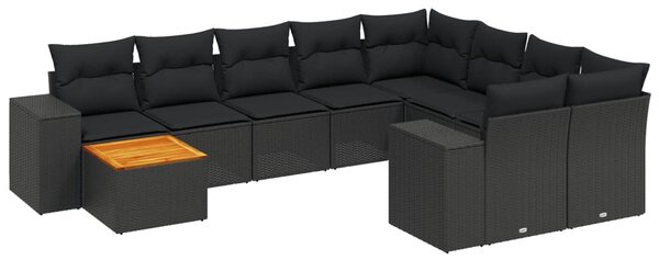 10 részes fekete polyrattan kerti ülőgarnitúra párnákkal