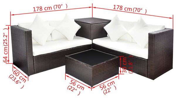 4-részes barna polyrattan kerti bútorszett párnákkal