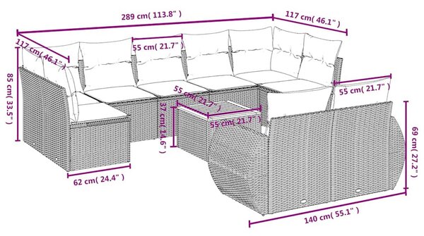 10 részes fekete polyrattan kerti ülőgarnitúra párnákkal