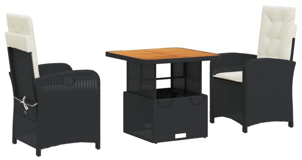 3 részes fekete polyrattan kerti étkezőgarnitúra párnákkal