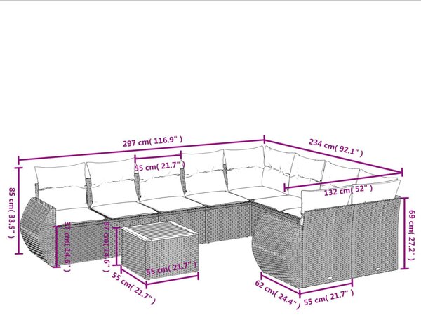 10 részes szürke polyrattan kerti ülőgarnitúra párnákkal