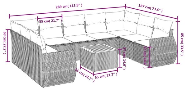 10 részes szürke polyrattan kerti ülőgarnitúra párnákkal