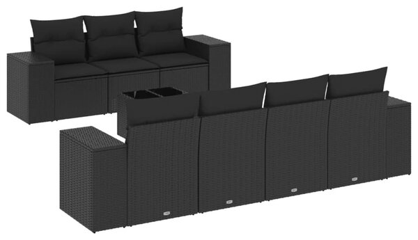 8 részes fekete polyrattan kerti ülőgarnitúra párnákkal