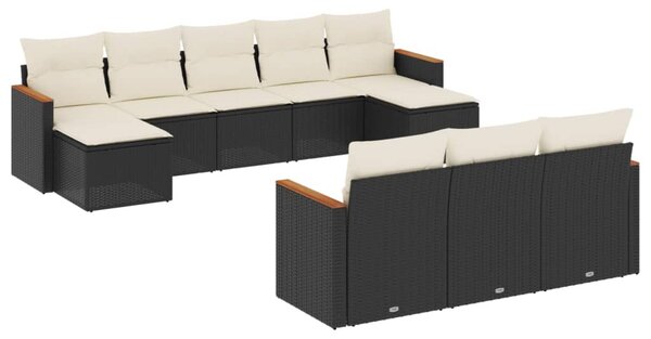 10 részes fekete polyrattan kerti ülőgarnitúra párnákkal