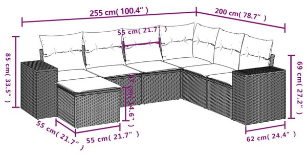 7 részes fekete polyrattan kerti ülőgarnitúra párnával
