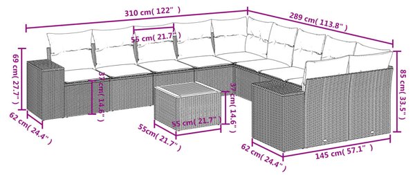 11 részes fekete polyrattan kerti ülőgarnitúra párnákkal
