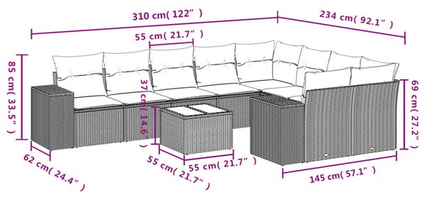 10 részes fekete polyrattan kerti ülőgarnitúra párnákkal