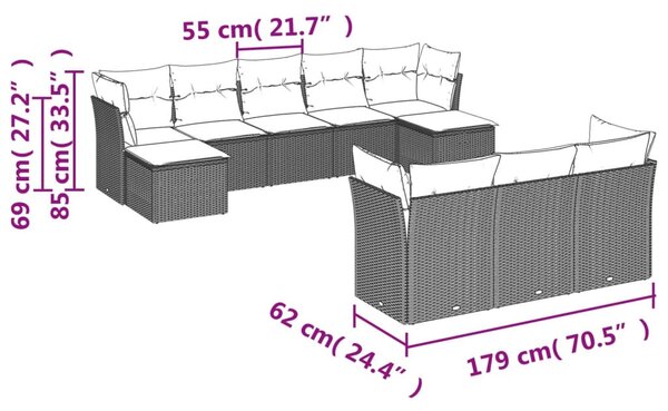 10 részes fekete polyrattan kerti ülőgarnitúra párnákkal