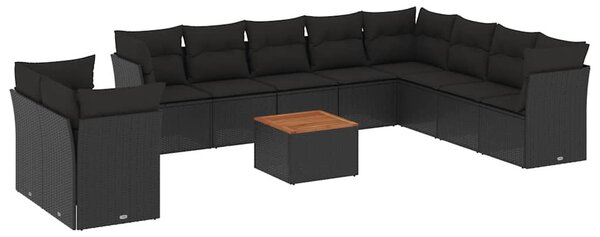 11 részes fekete polyrattan kerti ülőgarnitúra párnákkal