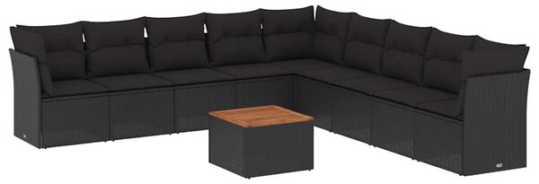 10 részes fekete polyrattan kerti ülőgarnitúra párnákkal