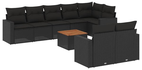 9 részes fekete polyrattan kerti ülőgarnitúra párnákkal