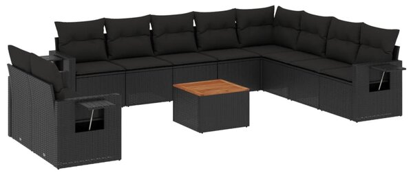 11 részes fekete polyrattan kerti ülőgarnitúra párnákkal