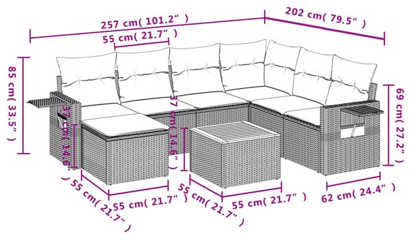 8 részes bézs polyrattan kerti ülőgarnitúra párnával