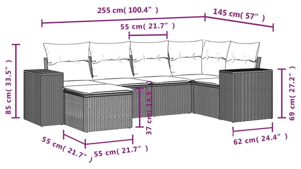 6 részes fekete polyrattan kerti ülőgarnitúra párnákkal