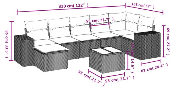 8 részes fekete polyrattan kerti ülőgarnitúra párnákkal