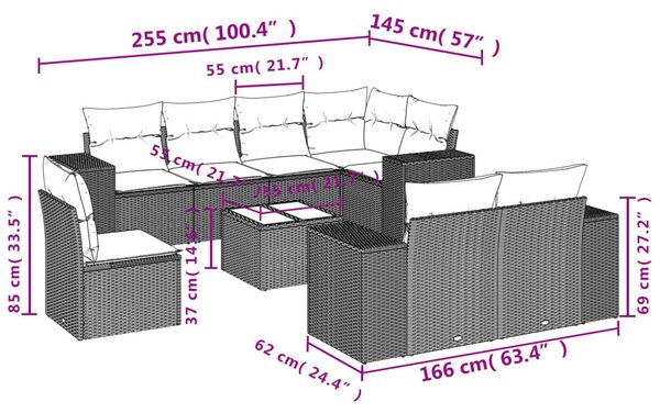 9 részes bézs polyrattan kerti ülőgarnitúra párnákkal