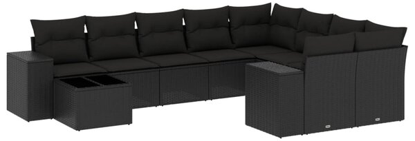 10 részes fekete polyrattan kerti ülőgarnitúra párnákkal