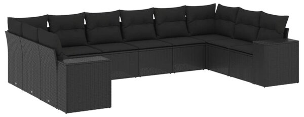 10 részes fekete polyrattan kerti ülőgarnitúra párnákkal