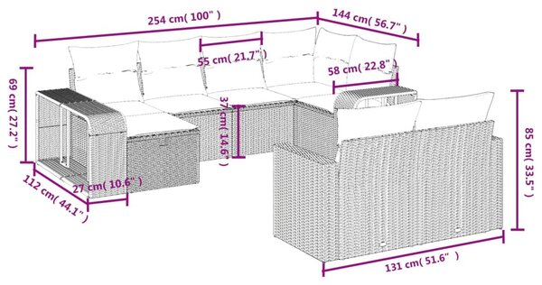 10 részes fekete polyrattan kerti ülőgarnitúra párnákkal