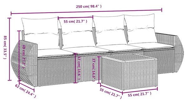 5 részes fekete polyrattan kerti kanapészett párnákkal