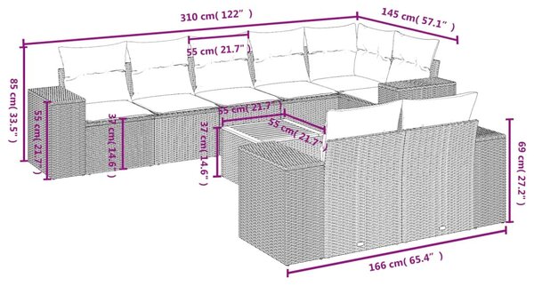 9 részes szürke polyrattan kerti ülőgarnitúra párnákkal