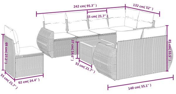 9 részes szürke polyrattan kerti ülőgarnitúra párnákkal