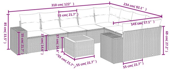 10 részes bézs polyrattan kerti ülőgarnitúra párnával