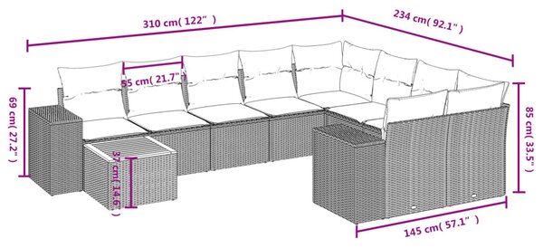 10 részes bézs polyrattan kerti ülőgarnitúra párnával