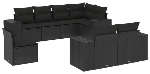 8 részes fekete polyrattan kerti ülőgarnitúra párnákkal