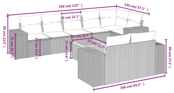 9 részes bézs polyrattan kerti ülőgarnitúra párnákkal