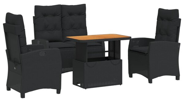 4 részes fekete polyrattan kerti étkezőszett párnákkal