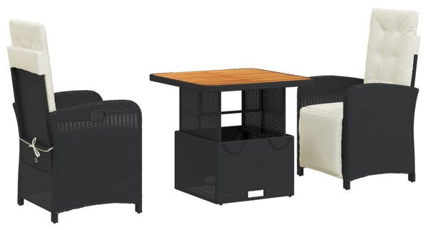 3 részes fekete polyrattan kerti étkezőgarnitúra párnákkal