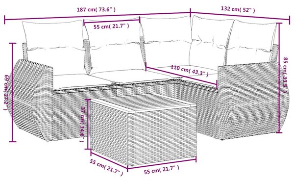 5 részes fekete polyrattan kerti kanapészett párnákkal