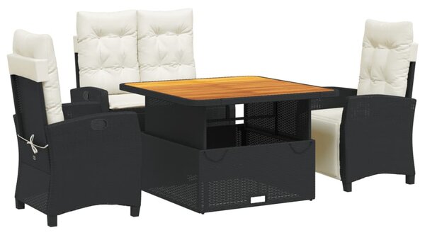 4 részes fekete polyrattan kerti étkezőszett párnákkal