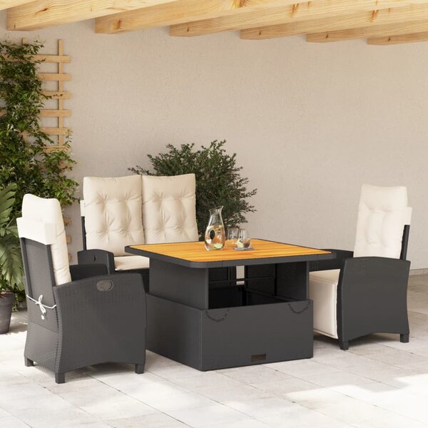 4 részes fekete polyrattan kerti étkezőszett párnákkal