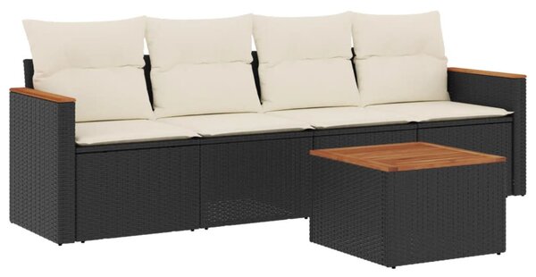 5 részes fekete polyrattan kerti kanapészett párnákkal