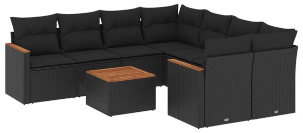 9 részes fekete polyrattan kerti ülőgarnitúra párnákkal