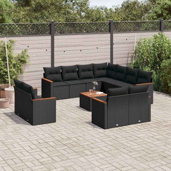 12 részes fekete polyrattan kerti ülőgarnitúra párnákkal