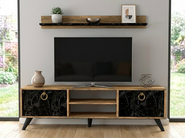 TV állvány ZEN 160 cm fali polccal, dió/fekete márvány dekoráció