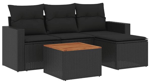 5 részes fekete polyrattan kerti kanapészett párnákkal