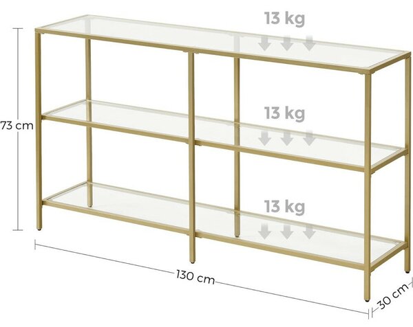 Konzolasztal polcokkal edzett üveglappal, óarany 130x30x73cm