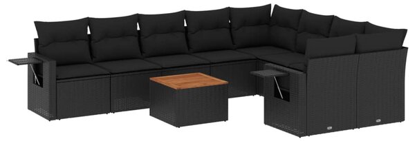 10 részes fekete polyrattan kerti ülőgarnitúra párnákkal